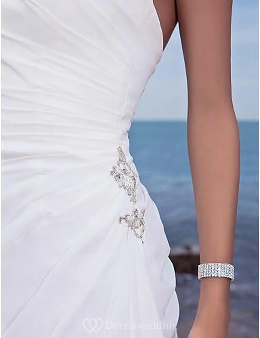 sheath Halter Court Train Chiffon Beach Wedding Dress view 4