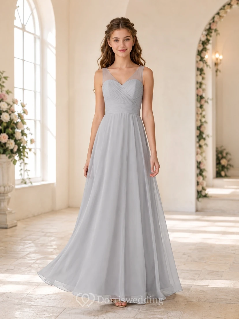 Vestido plateado de dama de honor juvenil, corte en A, escote corazón, sin mangas, fruncido y elegante.