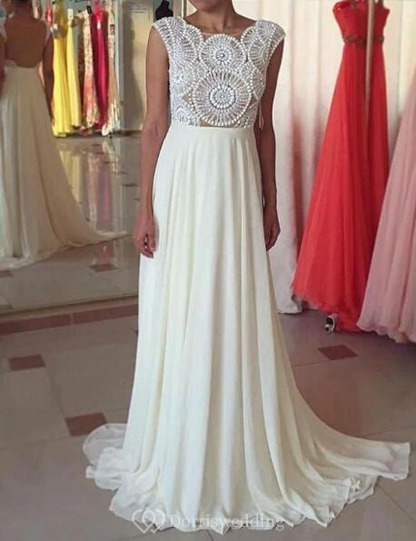 Newest Pearls Chiffon A-line Prom Dress Cap Sleeve Sweep Train