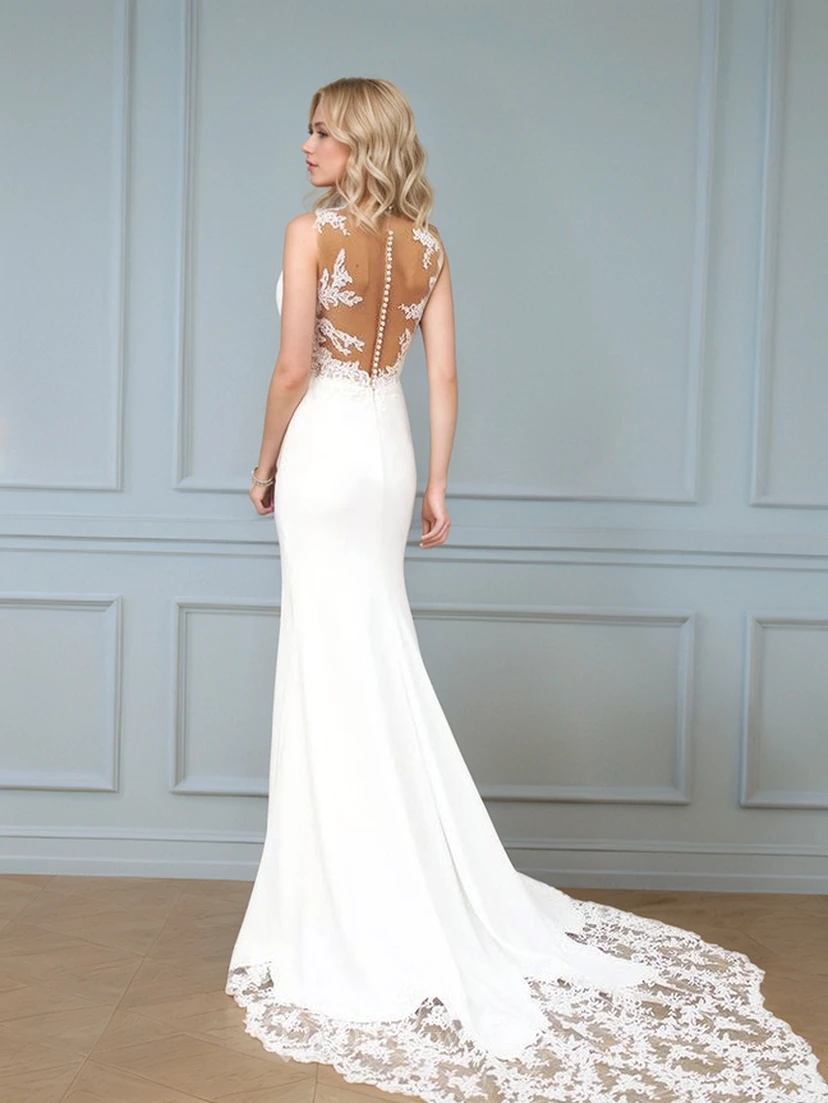 Elegantes Brautkleid aus Spitze und Satin mit ausgestelltem Rock und Schleppe view 2