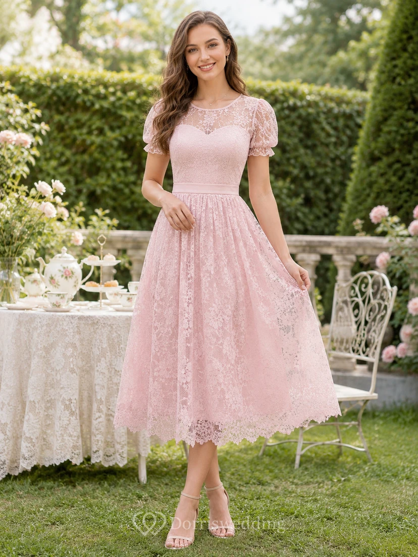 Blush Pink Lace Puff Sleeve A Line Tea Party Dress