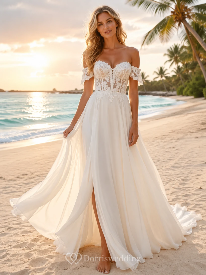 Beach Chiffon Tulle Wedding Dress A-Line Off Shoulder Sweep Train with Slit Bridal Gown