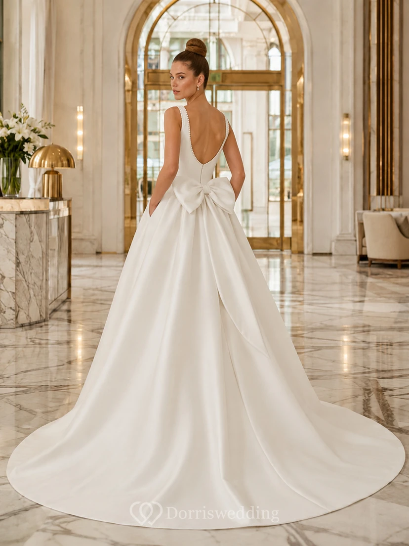 Robe de bal plissée en satin, col carré, sans manches, traîne cathédrale, nœud sculptural, robe de mariée pour une destination de mariage view 2