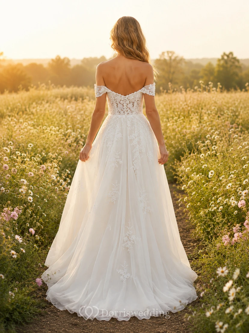 Boho Off Shoulder Lace Bodice Chiffon Wedding Dress view 2