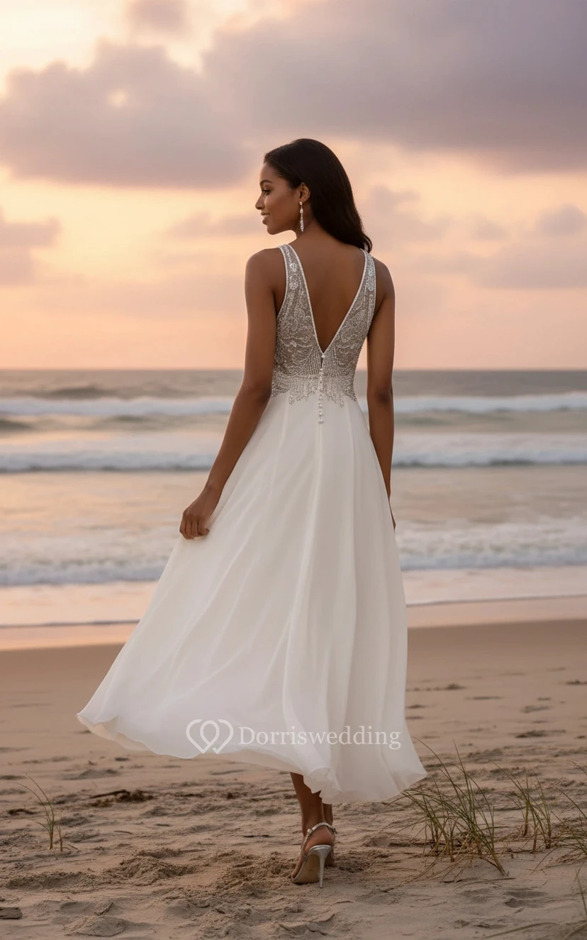 Robe de mariée mi-longue à corsage perlé, col en V, en mousseline, coupe trapèze, idéale pour la plage view 2
