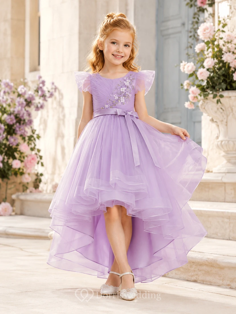 High Low Tulle A-Line Flower Girl Dress with Jewel Neck and Bow Detail