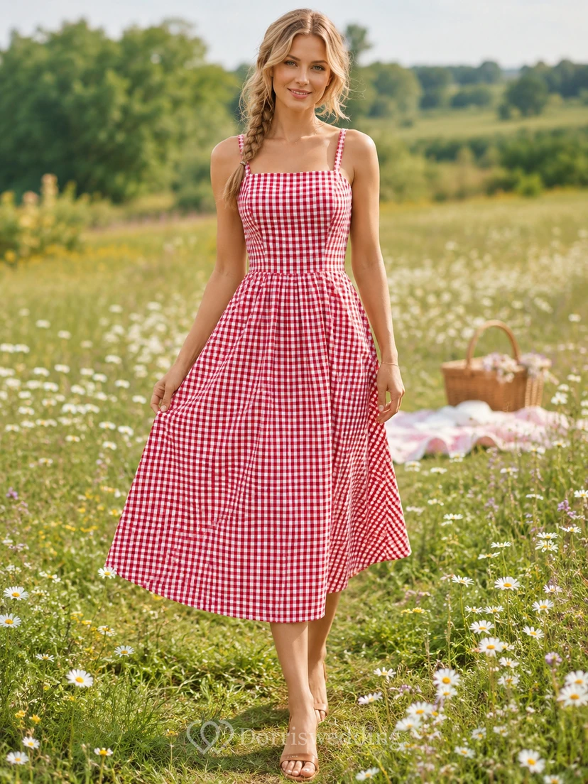 Pink Gingham Smocked Tie Strap Picnic Midi Dress