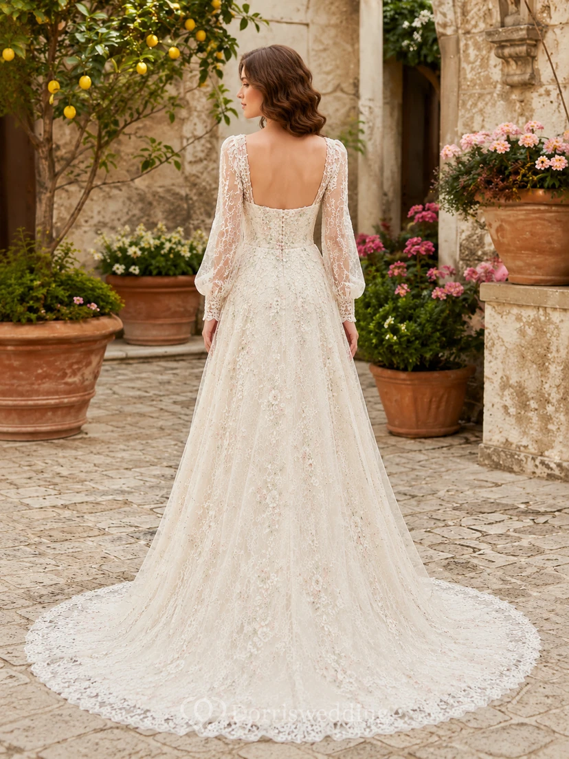 Long Sleeve Lace Square Neck Garden Courtyard Bridal Gown view 2