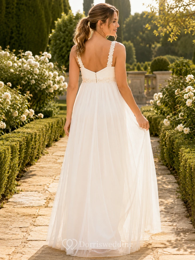 Robe de mariée légère d'été pour maternité, col V, bretelles spaghetti, tulle, coupe empire, style champêtre view 2