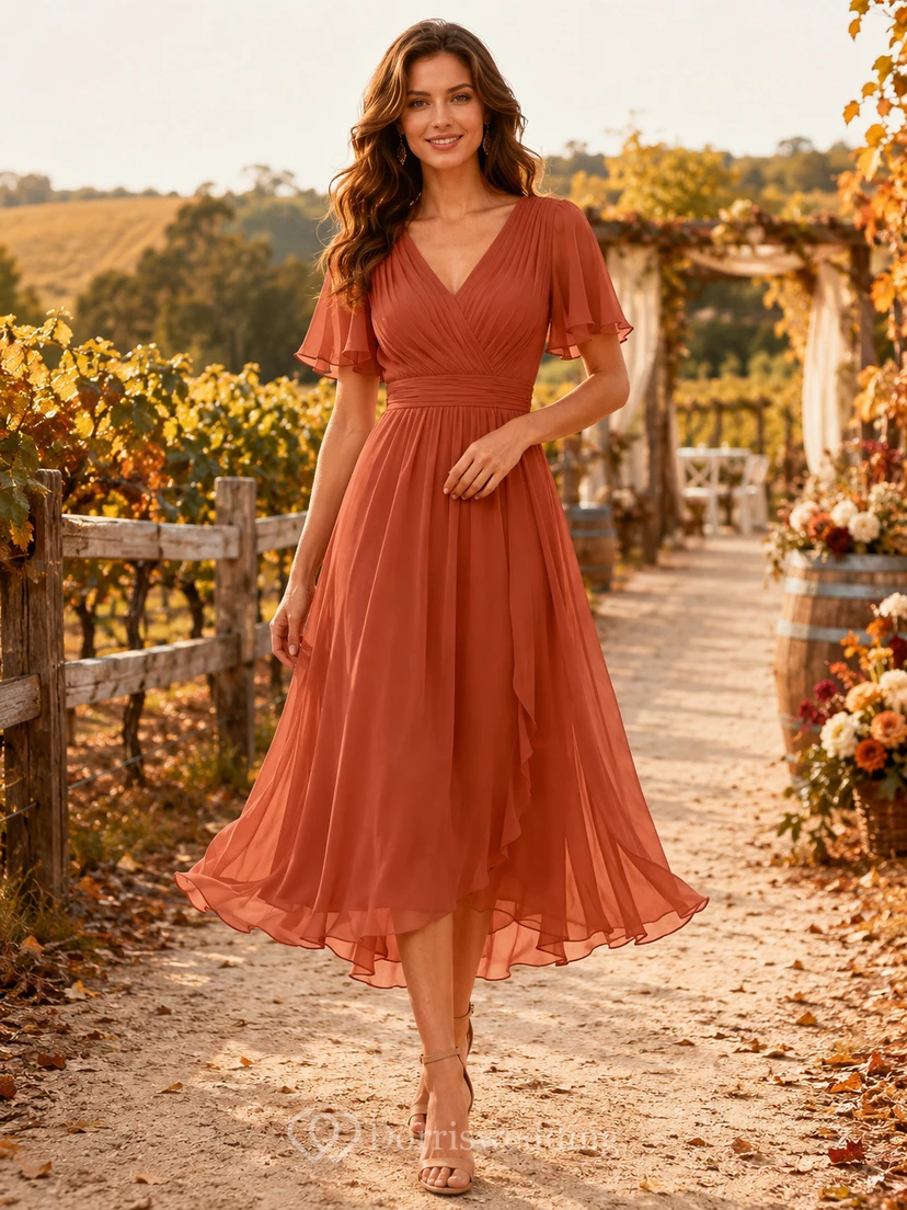 Terracotta V Neck Flutter Sleeve Chiffon Wedding Guest Dress