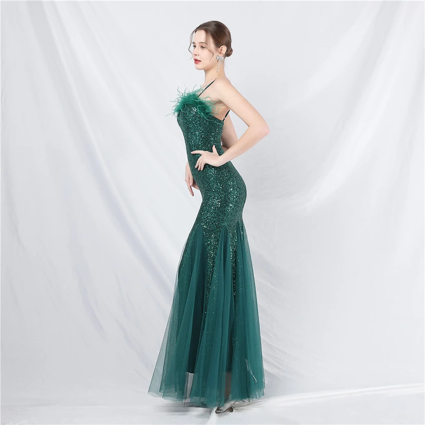 Craft Ostrich Feather Mesh Sequined Long Evening Dress view 31