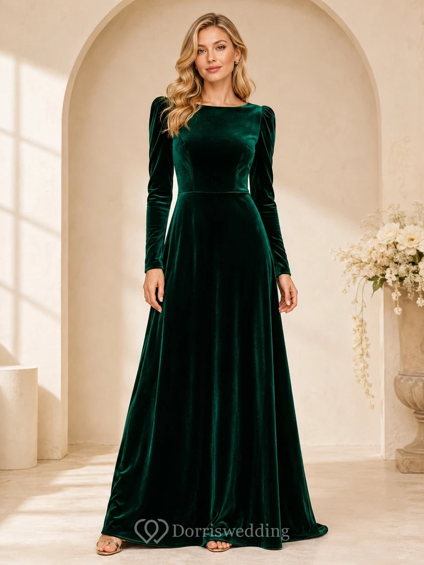 Dark Green Velvet Long Sleeve Jewel Neck A-Line Floor Length Luxury Gown