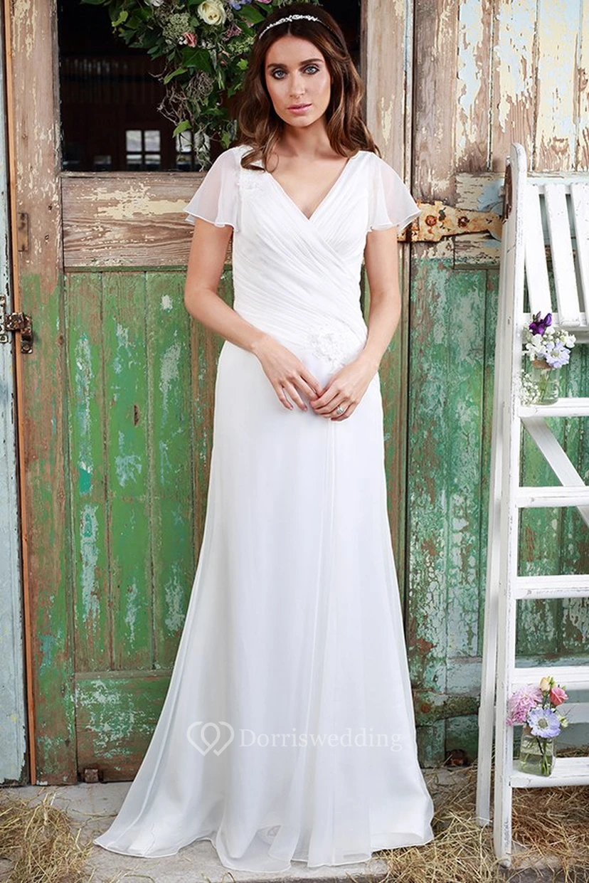 Sheath V-Neck Poet-Sleeve Chiffon Wedding Dress With Criss Cross