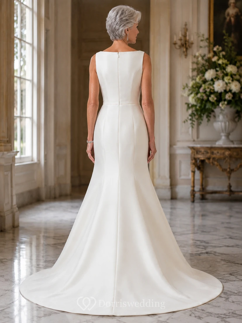 Ärmelloses, figurbetontes Brautkleid im Meerjungfrauen-Stil aus glattem Satin für ältere Bräute view 2