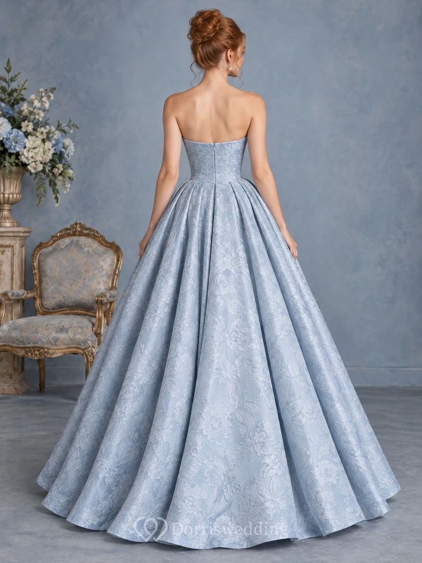Vintage Sky Blue Strapless Sweetheart Pleated Jacquard Prom Ball Gown view 2