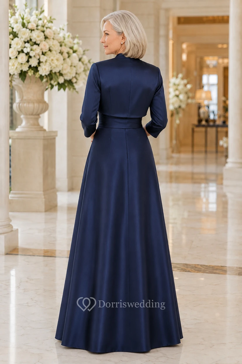 MOB-Kleid, dunkelblaues Satin-A-Linien-Kleid, 3/4-Ärmel, U-Boot-Ausschnitt, bodenlang, inklusive Jacke view 2