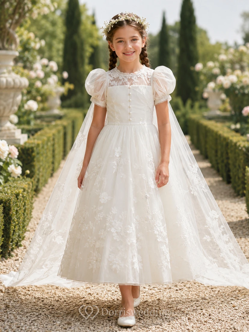 Romantisches Ballkleid mit Puffärmeln, Spitzencape und Schleppe für die Erstkommunion