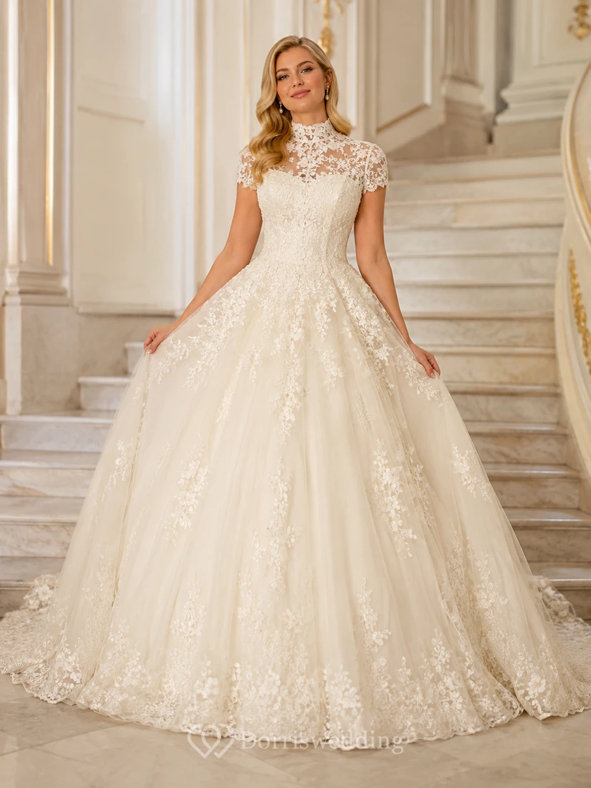 Robe de mariée de bal luxueuse en tulle avec col montant, manches courtes et application de dentelle florale.