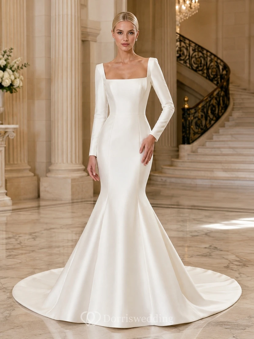 Vestido de novia minimalista de corte sirena con escote cuadrado, manga larga y cola larga.