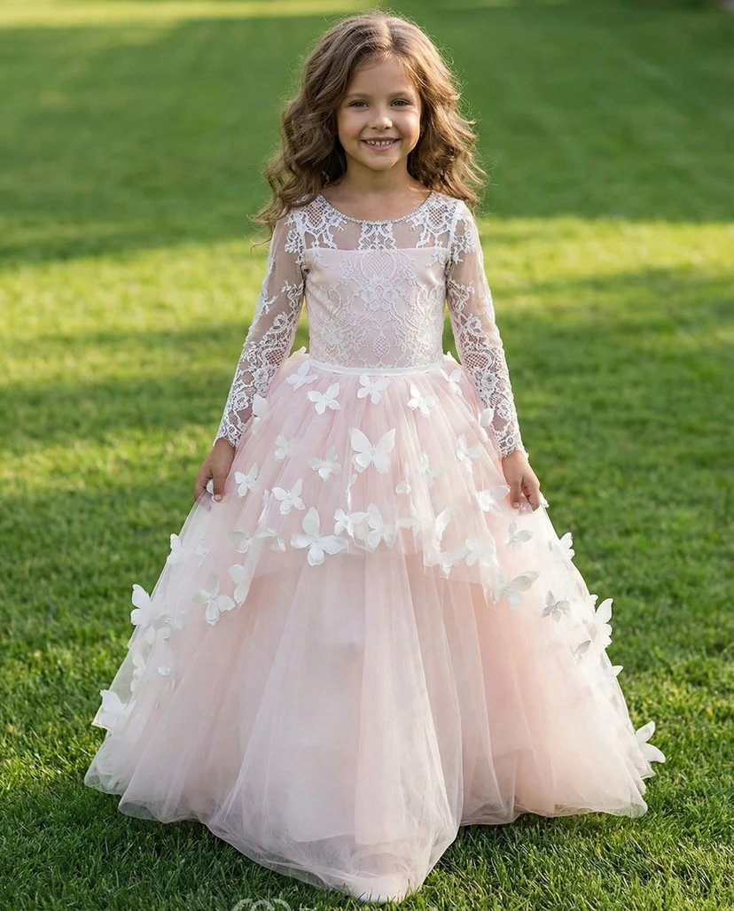 Pink Long Sleeve First Communion Ball Gown