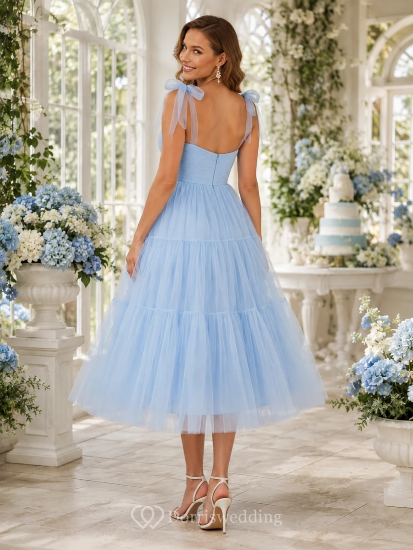 Sky Blue Sweetheart Bow Strap Tulle Tiered Maternity Tea Length Party Dress view 2