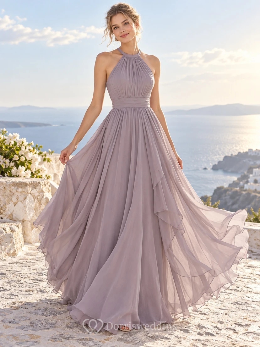 Ethereal Lavender Halter High Neck Ruffled Chiffon Long Bridesmaid Dress