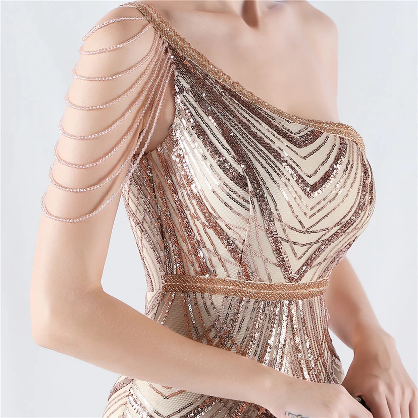 Positioning Flower Beaded Craft Beaded One-Shoulder Oblique Collar High Slit Evening Dress view 59
