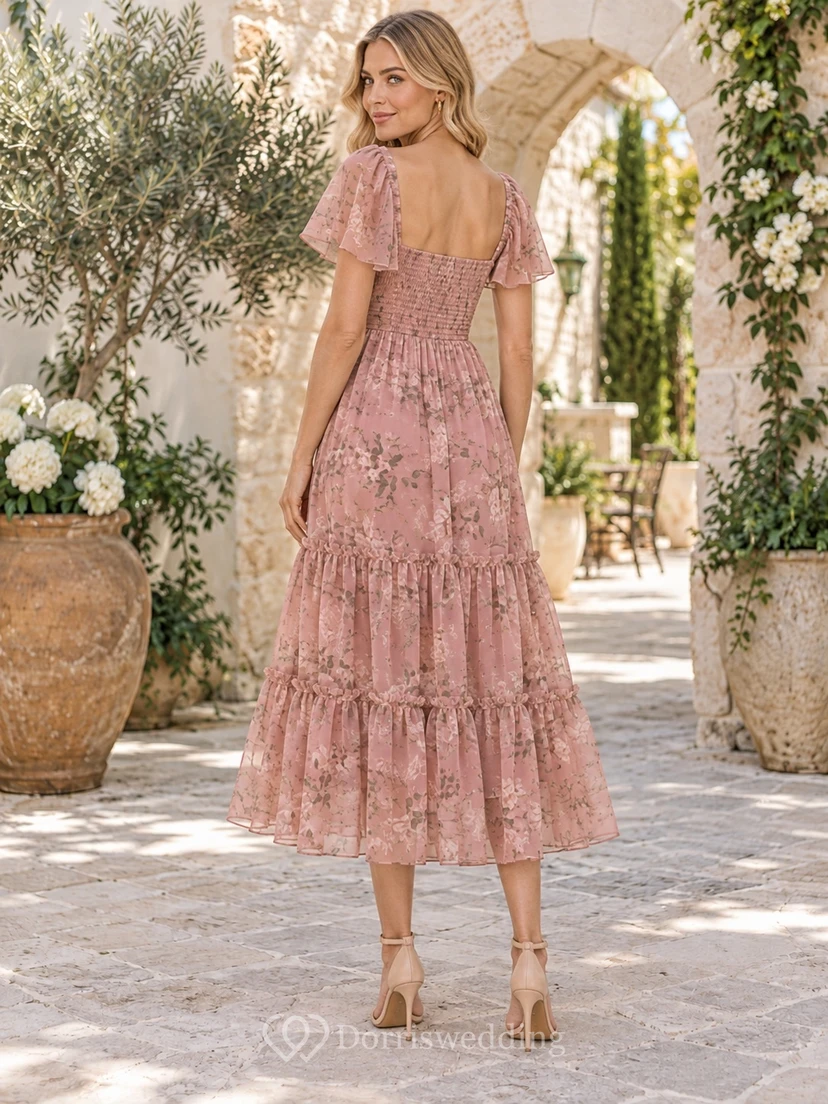 Robe bohème rose mi-longue à fleurs, manches papillon en mousseline à volants et décolleté cœur view 2