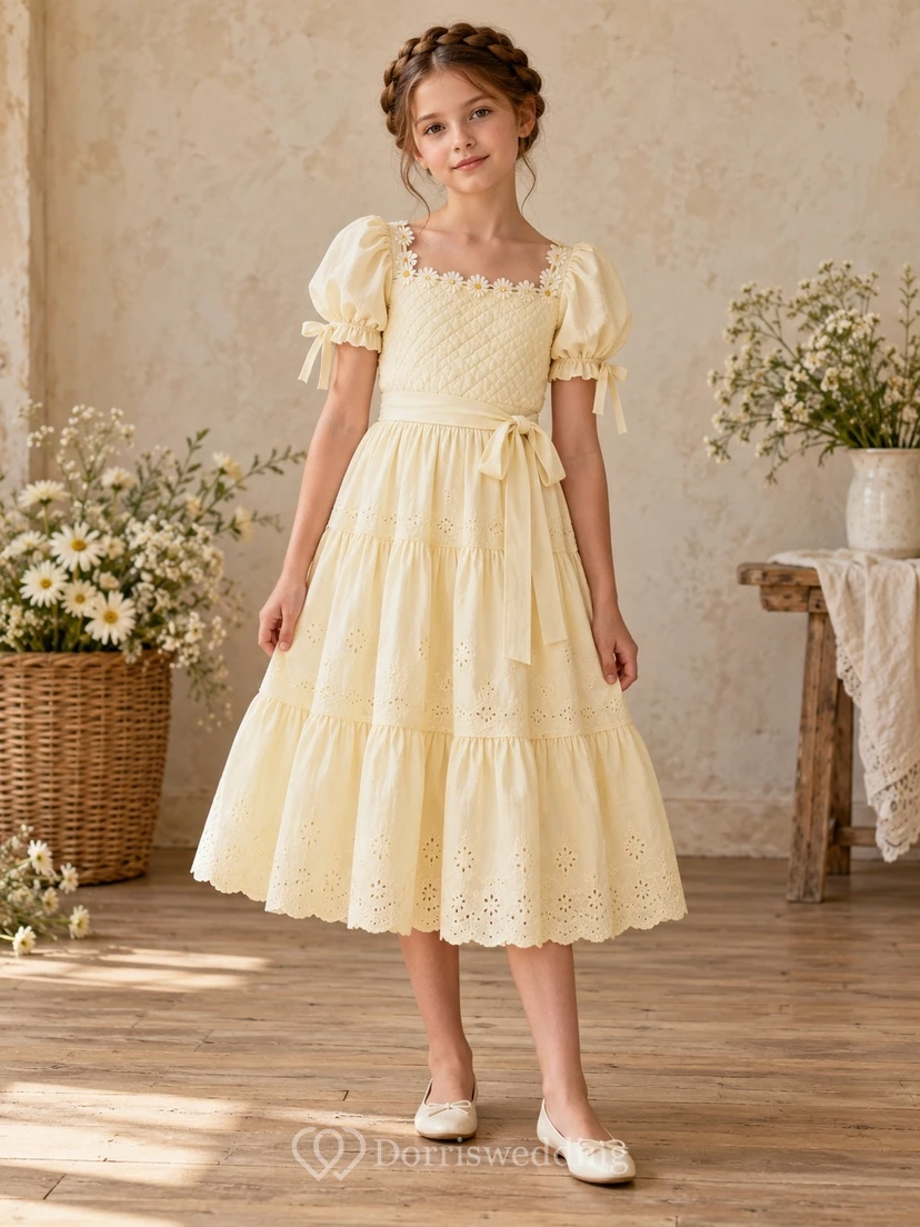 Daffodil Square Neck Puff Sleeve Eyelet Flower Girl Dress