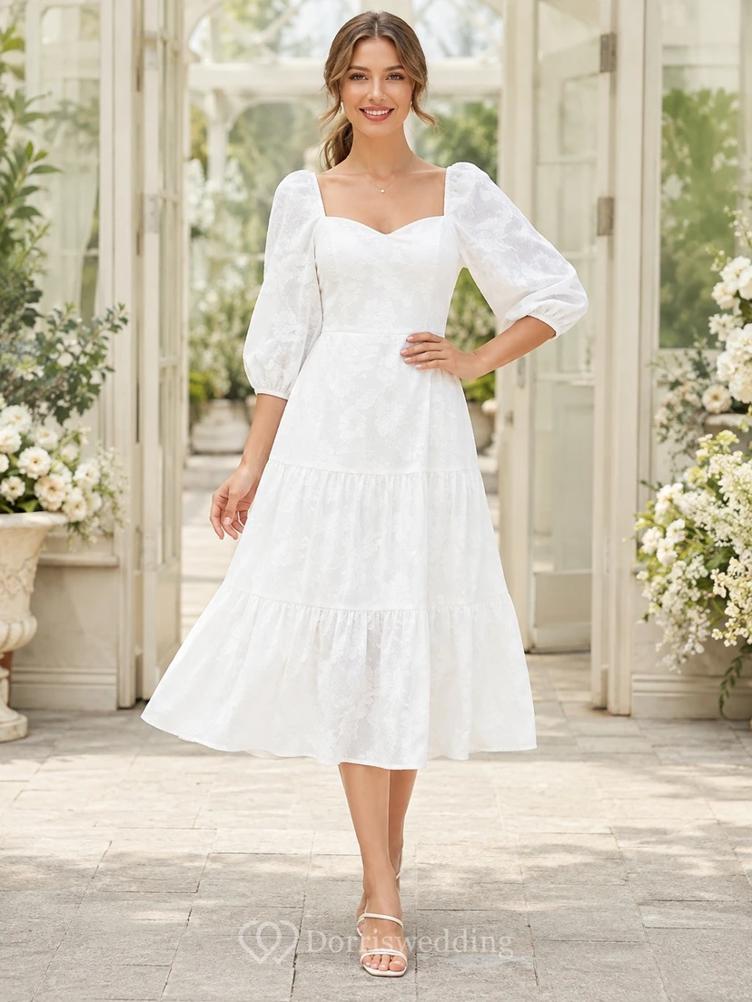 Weißes Cocktailkleid mit eckigem Ausschnitt, A-Linie, Spitze, Stufenärmeln und Puffärmeln
