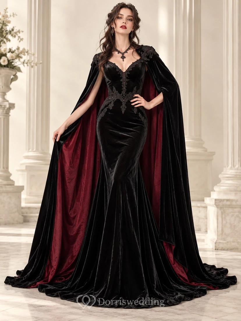 Robe de soirée gothique en velours noir à col en V et doublure contrastée, style cape