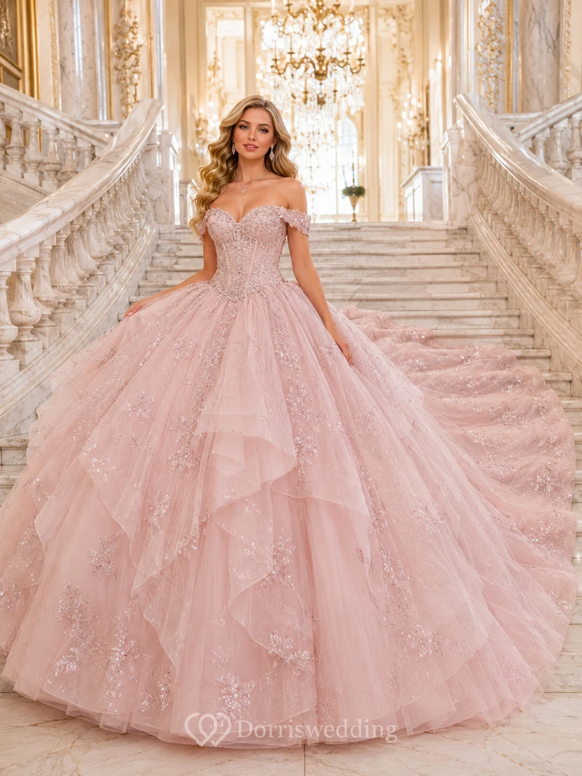 Blush Palace Staircase Off Shoulder Cascading Tulle Quinceanera Princess Cathedral Train Ball Gown