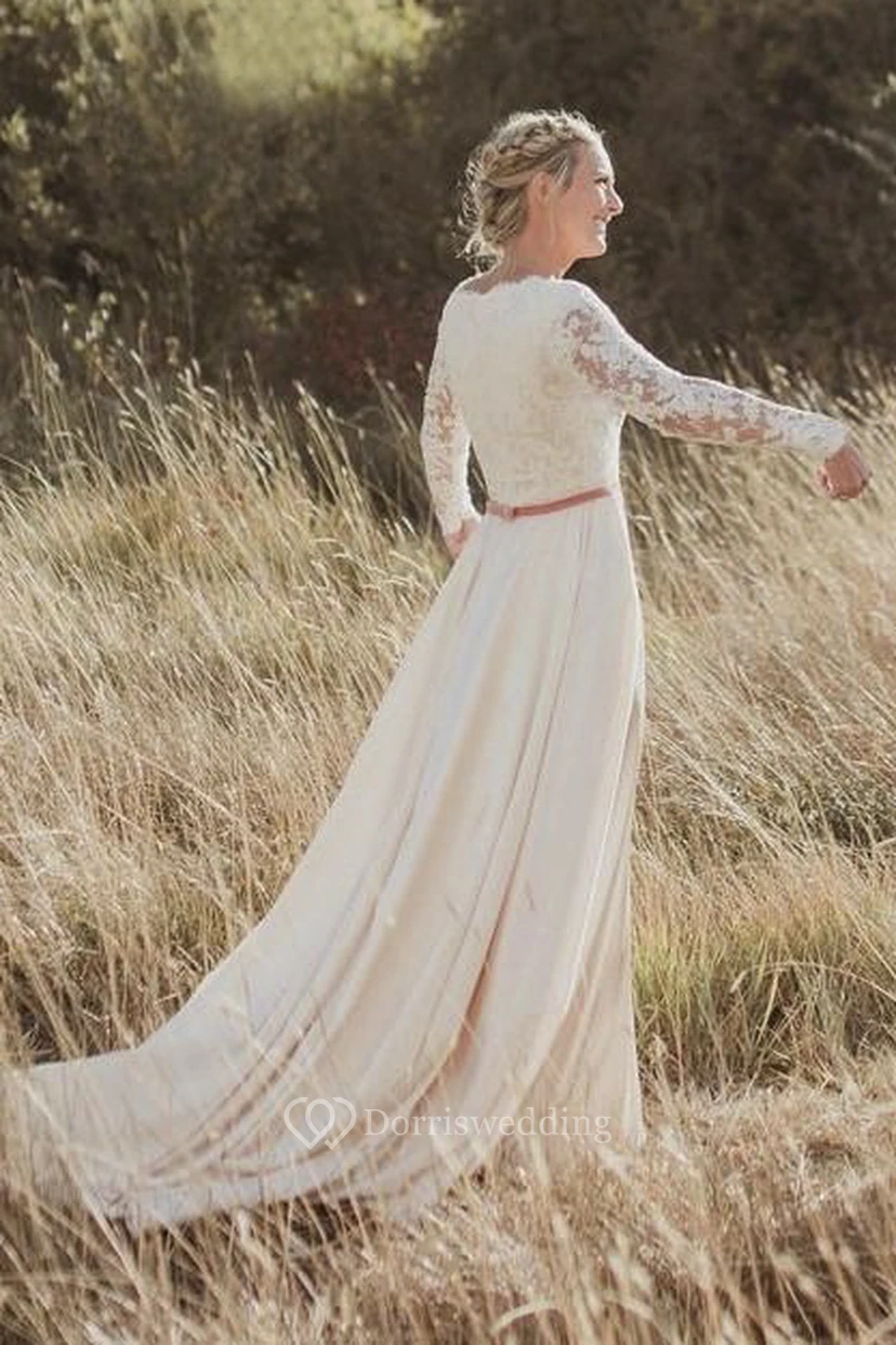 Elegant Long Sleeve Sheath Scalloped Lace And Satin Wedding Bridal Gown view 4