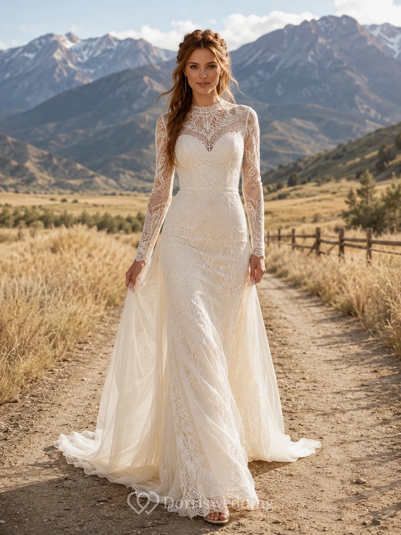 Robe de mariée champêtre en dentelle, coupe trapèze, col en V, manches longues, traîne chapelle