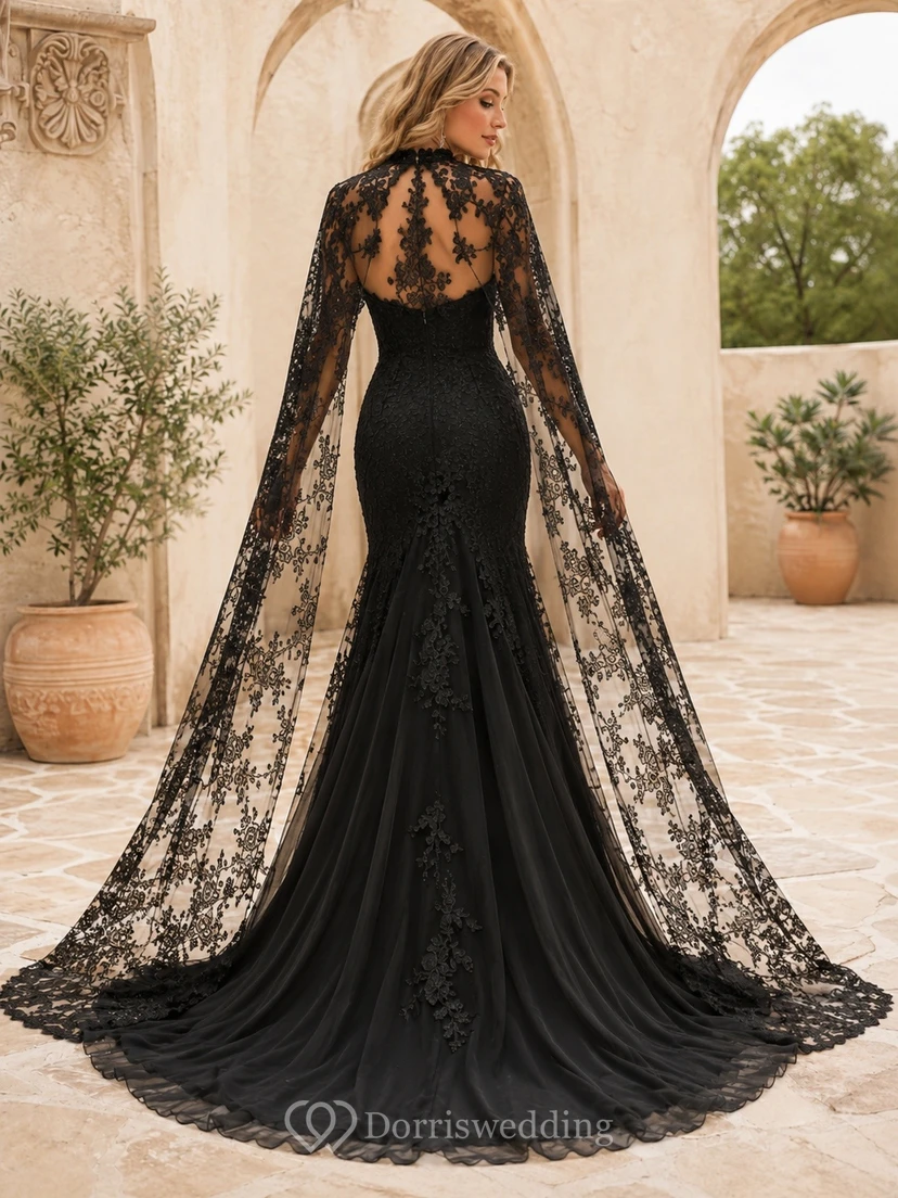 Vestido de novia negro vintage romántico de manga larga estilo sirena con cuello alto y encaje view 2