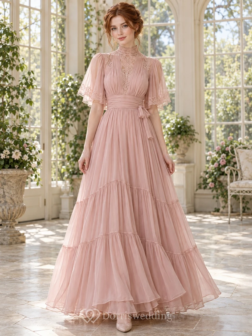 Vintage Edwardian High Neck Dusty Rose Flutter Sleeve Tiered Chiffon Dress
