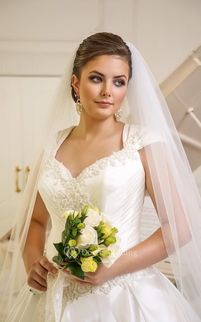 Ball Gown Floor-Length V-Neck Cap-Sleeve Corset-Back Satin Dress With Ruching And Appliques view 2
