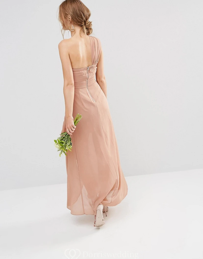 Ärmelloses, asymmetrisches, einseitig gerafftes Chiffon-Brautjungfernkleid in Rosa mit asymmetrischem Saum und One-Shoulder-Ausschnitt view 5