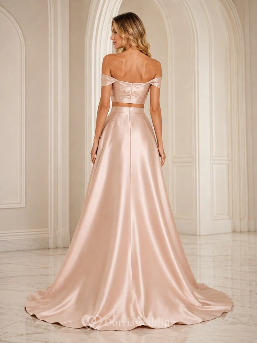 Blushing Pink Satin Off Shoulder Two Piece Sweep Train Formal Evening Dress view 2