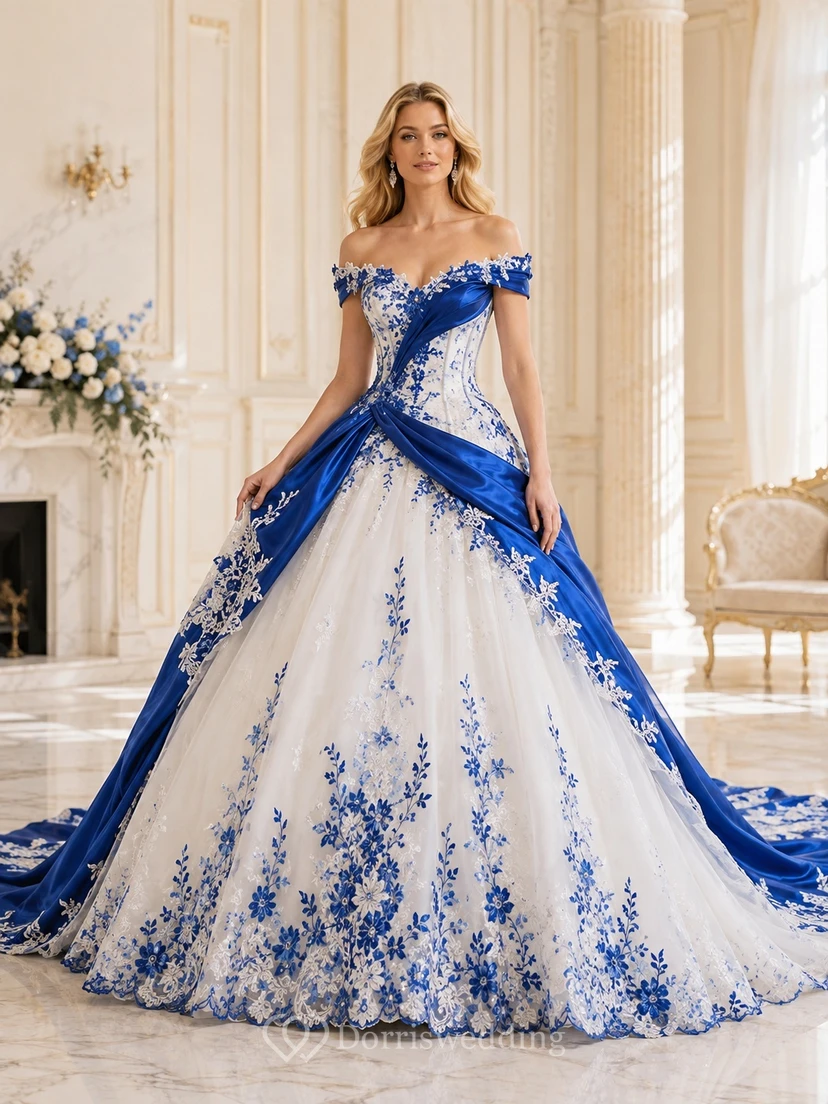 Königsblaues, drapiertes Ballkleid mit schulterfreiem Schnitt und kurzen Ärmeln aus Satin – romantisches Brautkleid