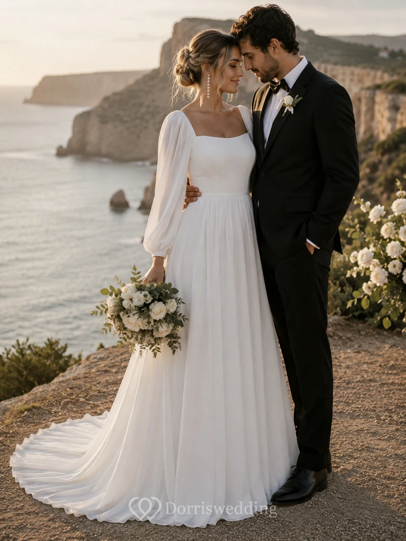 Square Neck A-Line Wedding Dress with Long Puff Sleeves view 3