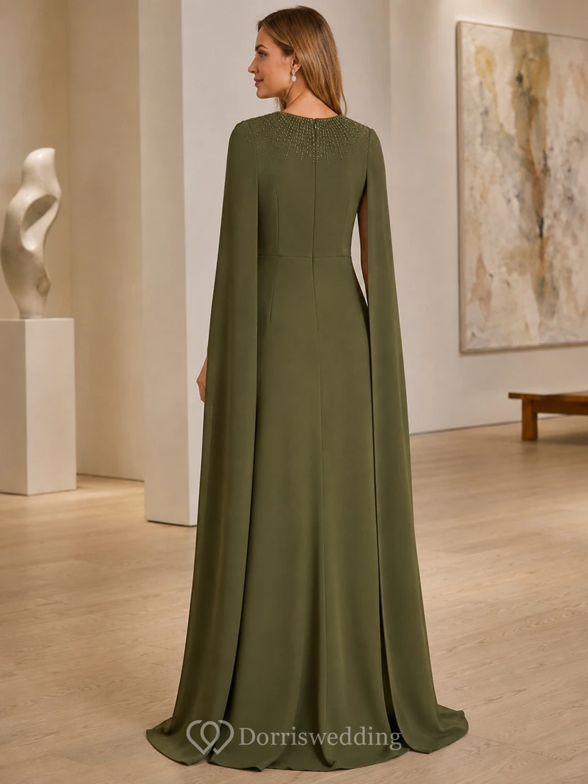 Dark Green Beaded High Neck Cape Sleeve Satin Sheath Gown Dress view 2