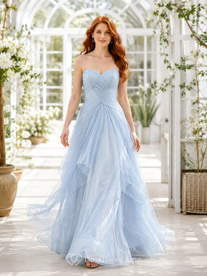 Sky Blue Strapless Tulle Pleated Ball Gown Floor Length Prom Formal Dress