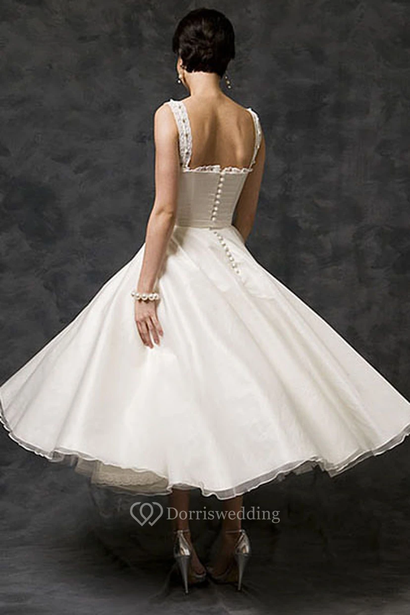 Tea-Length A-Line Sleeveless Strapped Beaded Satin Wedding Dress view 2