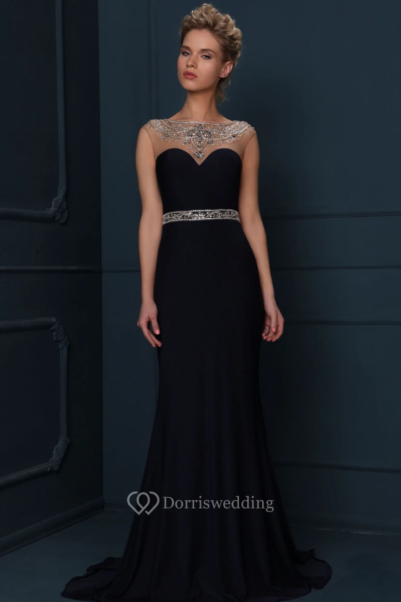 Cap Sleeve Jewel Neck Beaded Jersey Evening Dress