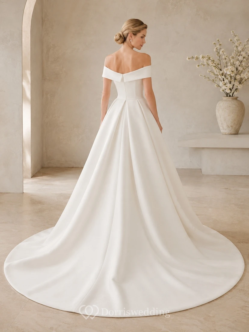 Off shoulder A-line Sweep Train Bridal Ceremony Wedding Dress Formal view 2