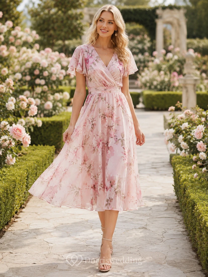 Blush Garden Wedding Guest Dress A-Line Chiffon V-Neck Short Sleeve Tea-Length Floral