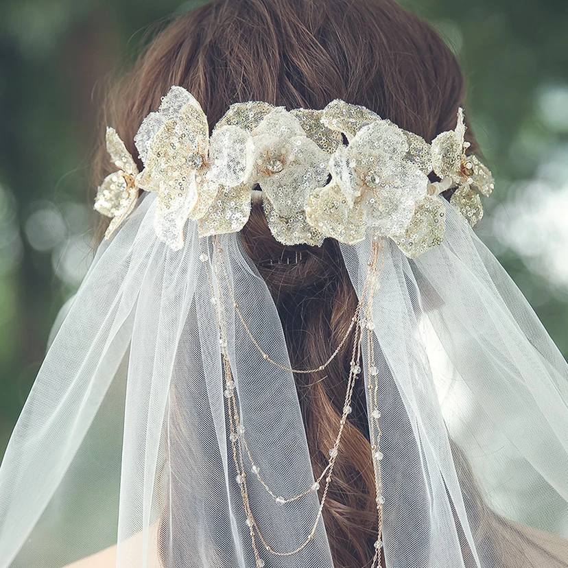 Forest Style Tulle Fingertip Veil with Beads view 4
