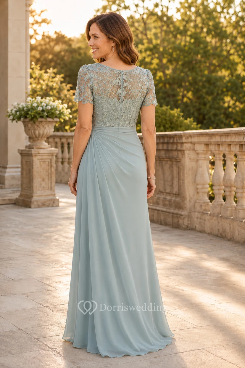 Salbeigrünes Chiffon-Mutterkleid mit V-Ausschnitt und Spitzenoberteil view 2