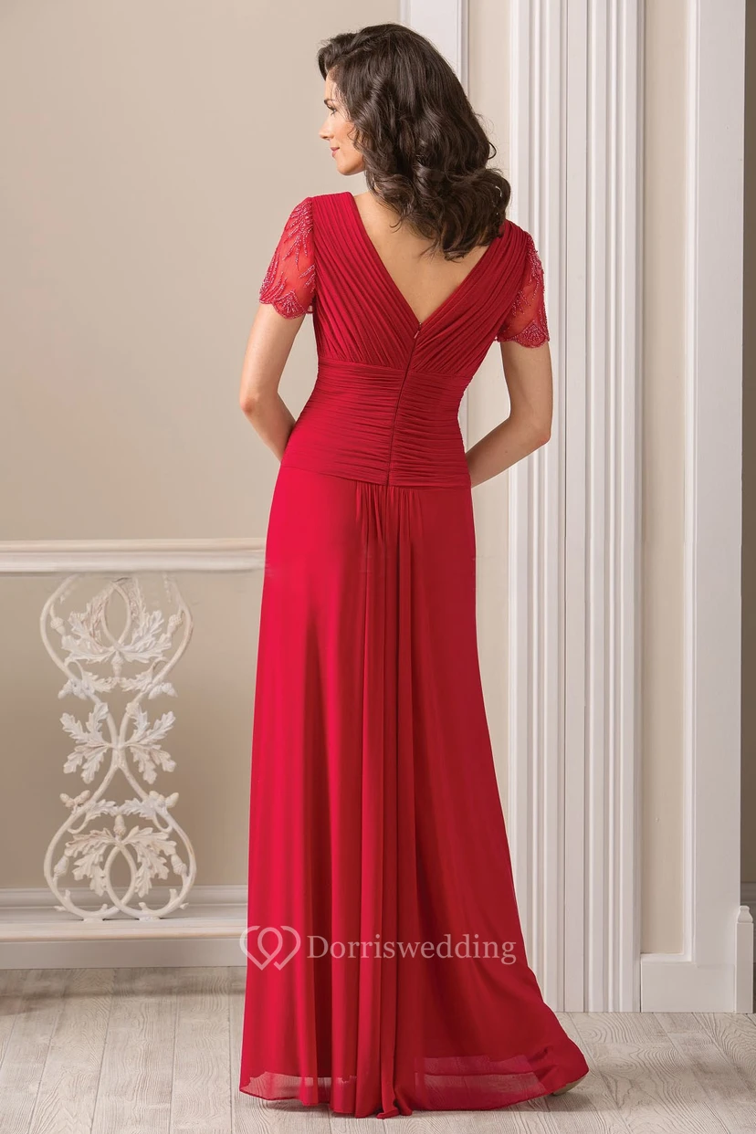 Short-Sleeved V-Neck Long Mother Of The Bride Dress With Pleats And Beadings view 2